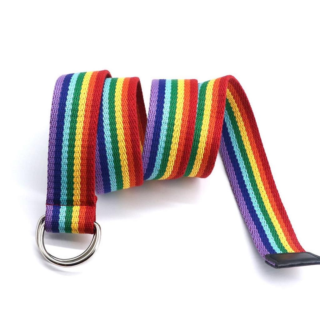 Woven Rainbow Webbing Jeans Belt Trendy Pants Belt Female Couple Trendy Personality Double Ring Buckle Belt