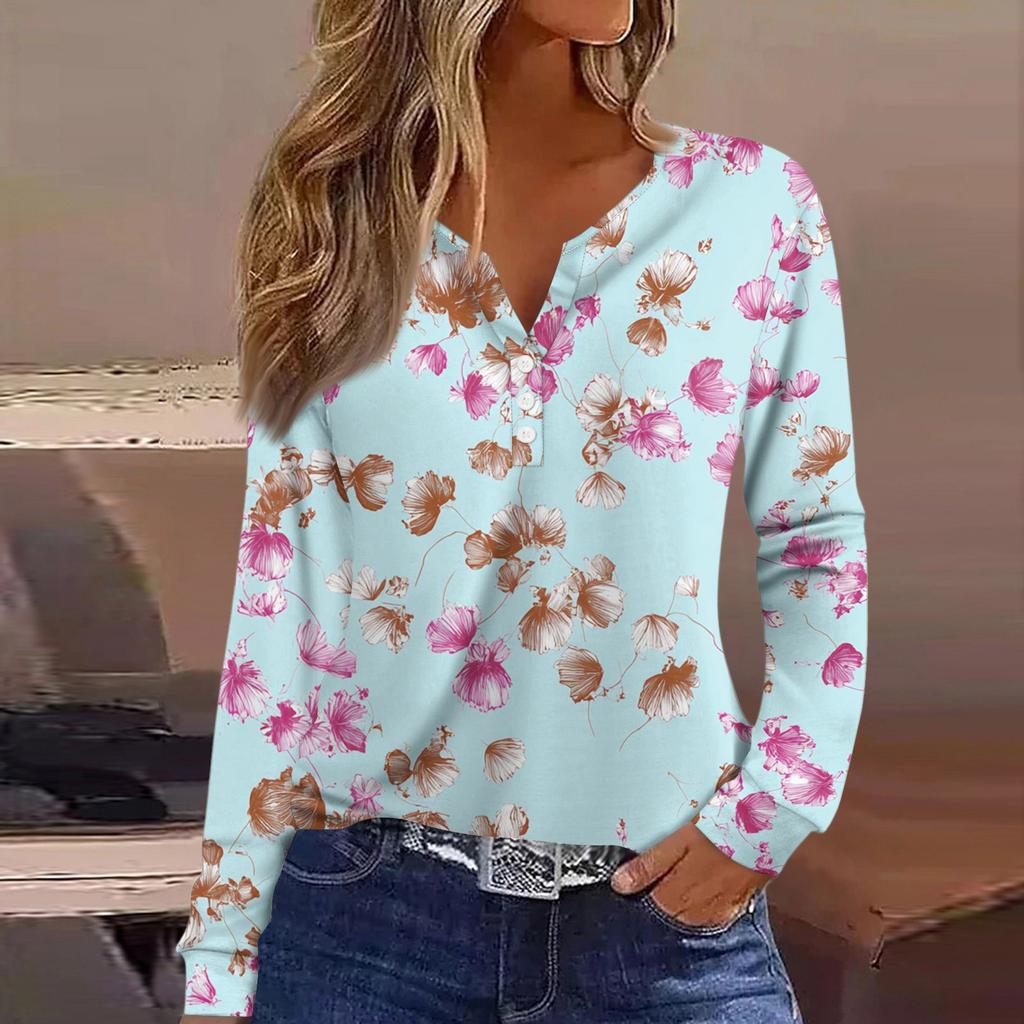 Dámské tričko Tričko Knoflíček Dlouhý rukáv Denní víkendová móda Basic Top s výstřihem do V