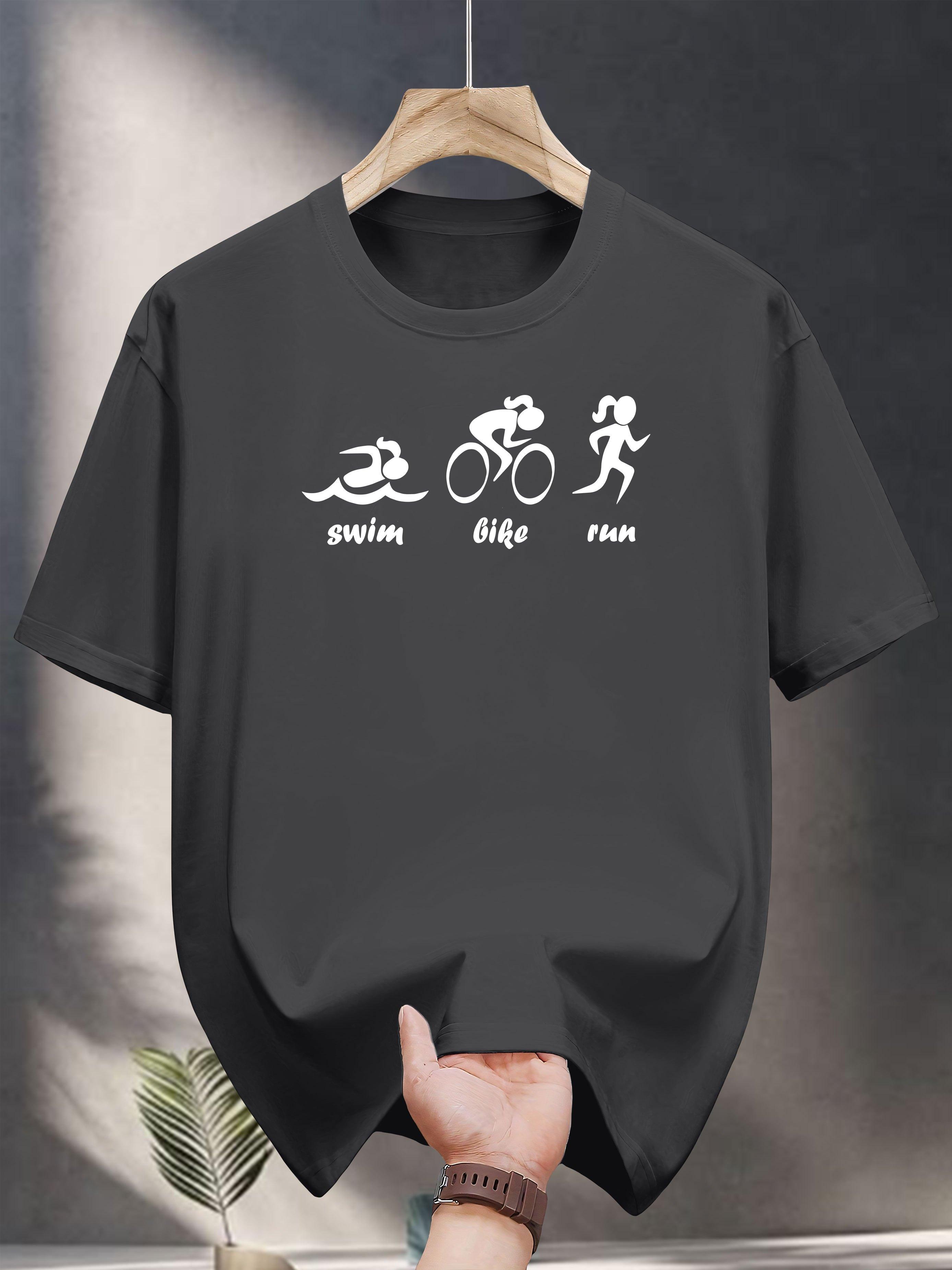 200g 100% Cotton Graphic T-shirt - Navy Blue Swim Bike Run Print Casual Summer Tee XL