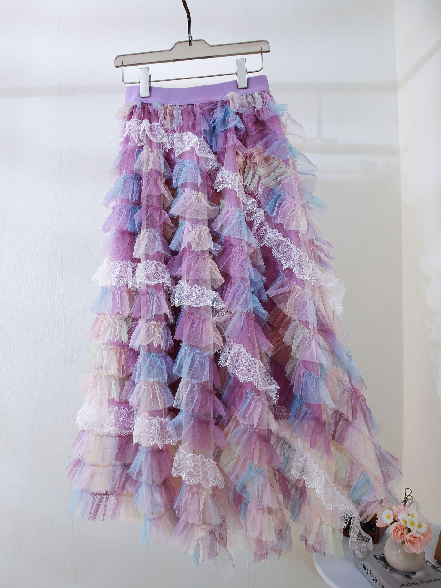 Retro Gradient Tie-dye Midi Mesh Tulle A-line Skirt One Size
