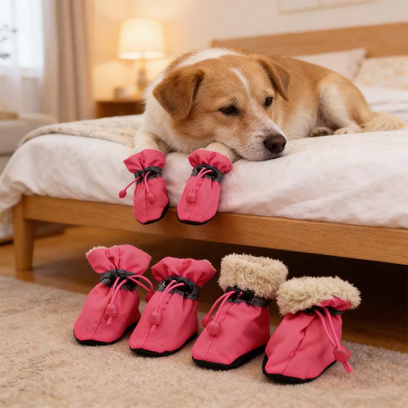 4PCS/Set Fleece Lining Puppy Waterproof Breathable Drawstring Design Cute Pet Shoes Winter Outings Multiple Colors
