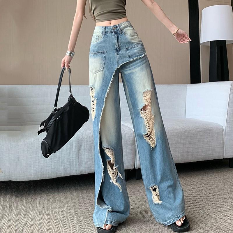 plus size Vintage hole high waist casual loose long Women spring summer jeans denim wide leg Pants
