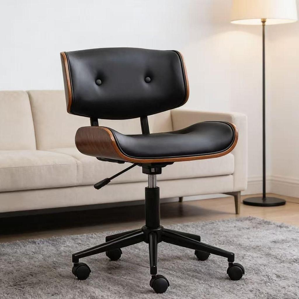 Solid Wood Retro Swivel Chair: Light Luxury Leather Lift, Nordic Style, Comfortable for Home Study & Office.