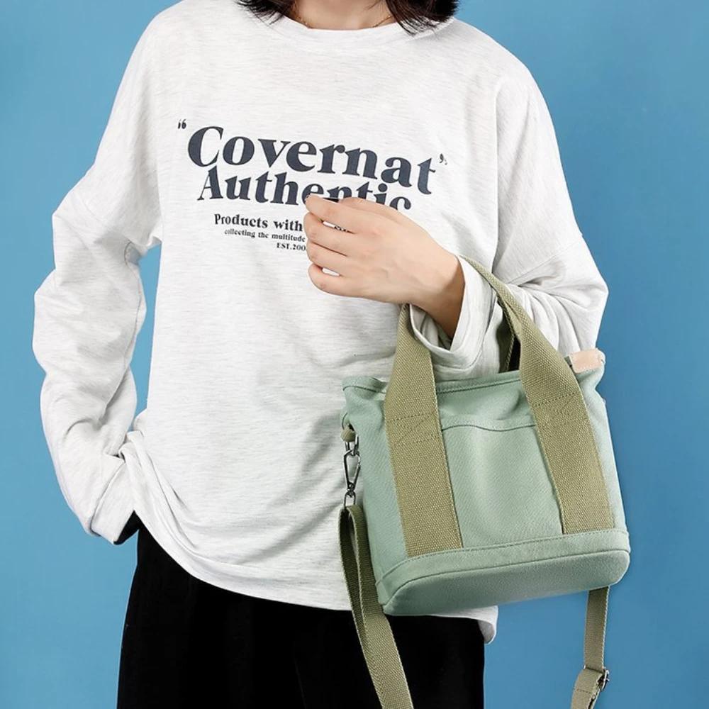 Women Small Bag with Zipper Fashion Lady Single Shoulder Portable Thickened Canvas Mobile Phone Bucket Tote Bag