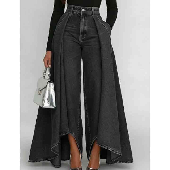 

Women s New Spring and Autumn High-Waisted Casual Pocket Wide-Leg Flared Pants Fashionable Denim Skirt-Pants S чёрный