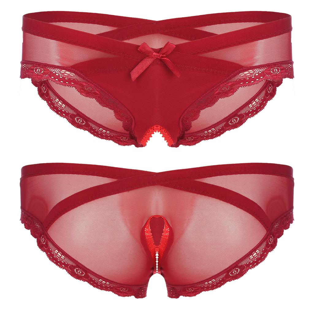 Pánské průsvitné bezrozkrokové kalhotky ze síťoviny s krajkovým lemem kalhotky Cross-dresser Sissy spodní prádlo