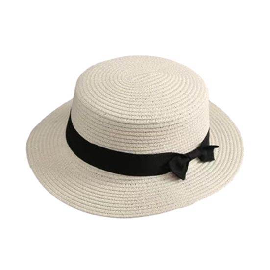 Beach Straw Hat Flat Top Wide Brim Sun Protection Hat with Black Ribbon Bow Hand-Woven Breathable Summer Hat