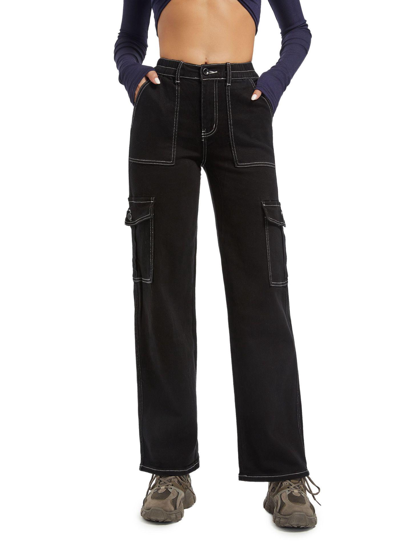 2025 Autumn Women s High Waist Slim Straight Leg Multi-Pocket Cargo Pants XL чёрный