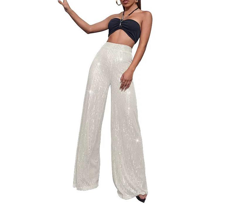 Pantaloni da Donna a Gamba Larga Lunghi Fino ai Piedi con Perle e Paillettes alla Moda 2025