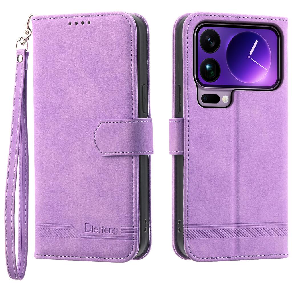 DIERFENG DF-03 For Xiaomi 17 Pro Max Case Lines Imprint Wallet Leather Phone Cover with Wrist Strap