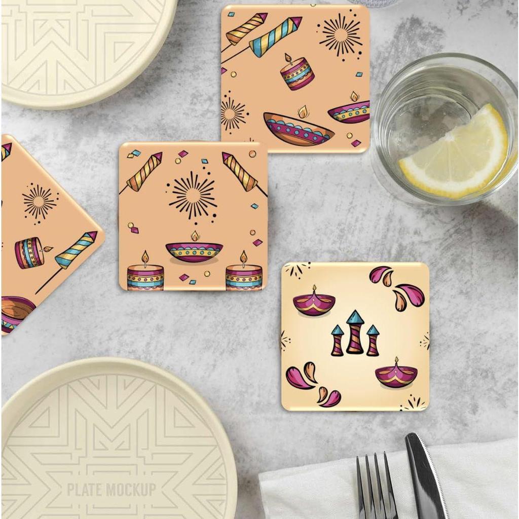 Coaster Set of 4 Beautiful Diwali Festive Tea Coasters with Stand Designer Quality for Tea Cups,Coffee Mugs and Glasses