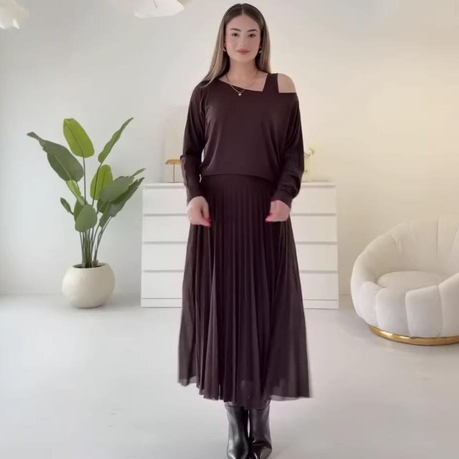 Cross-border European and American women's clothing Amazon sexy casual slanted shoulder long-sleeved top suspender bottom dress