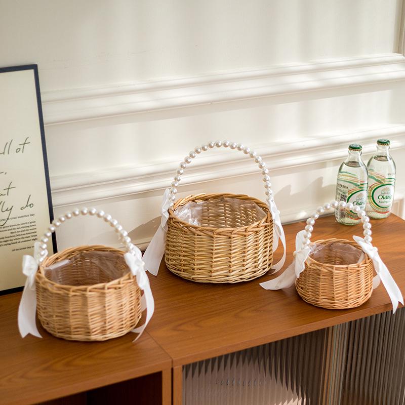 Elegant Pearl Handle Woven Flower Basket for Weddings and Events