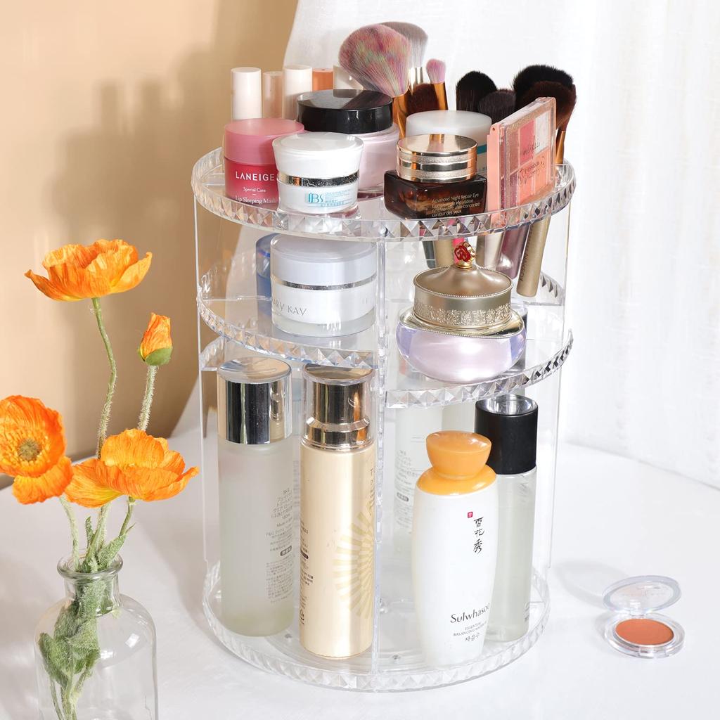 Large Capacity Acrylic Makeup Box with Rotating and Diamond Pattern Clear Diamond Pattern Gift for Women Dividers, 360° Design,