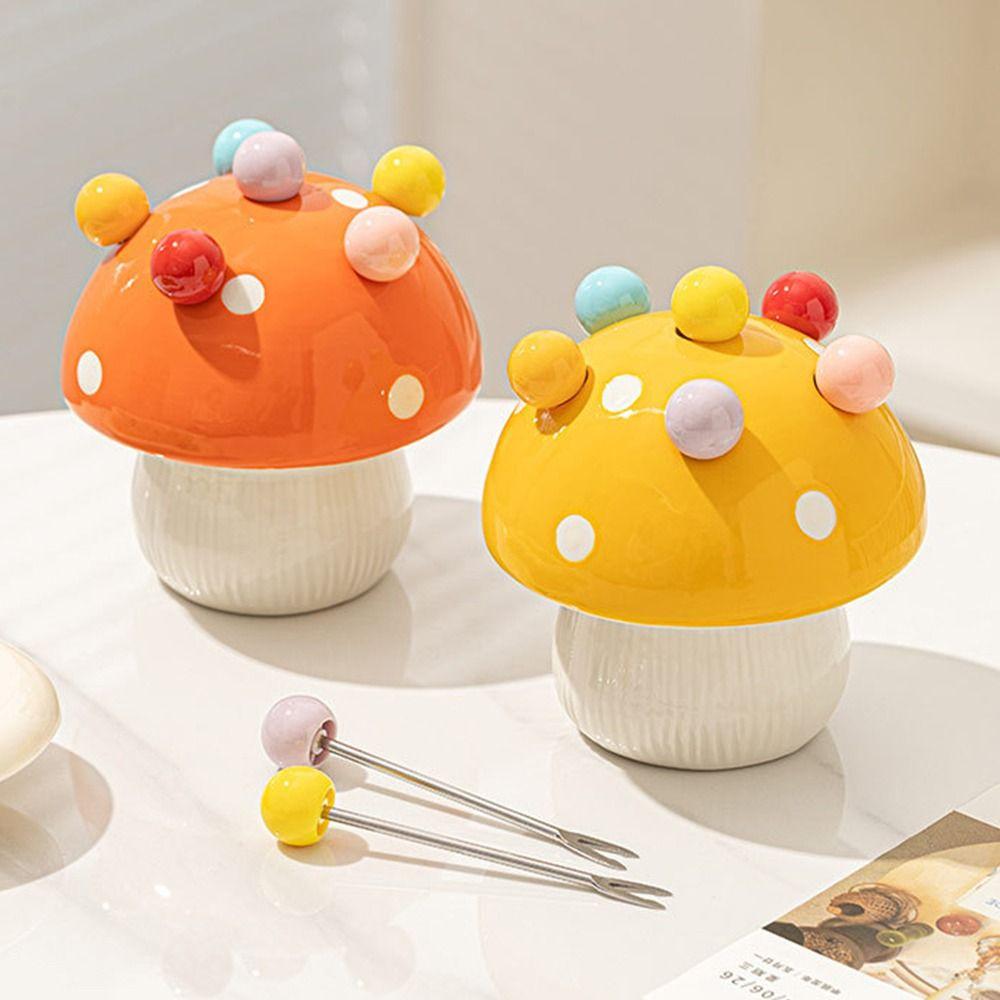 Creative Mushroom Fruit Fork Anti-scald Cute Toothpick with Holder  Household