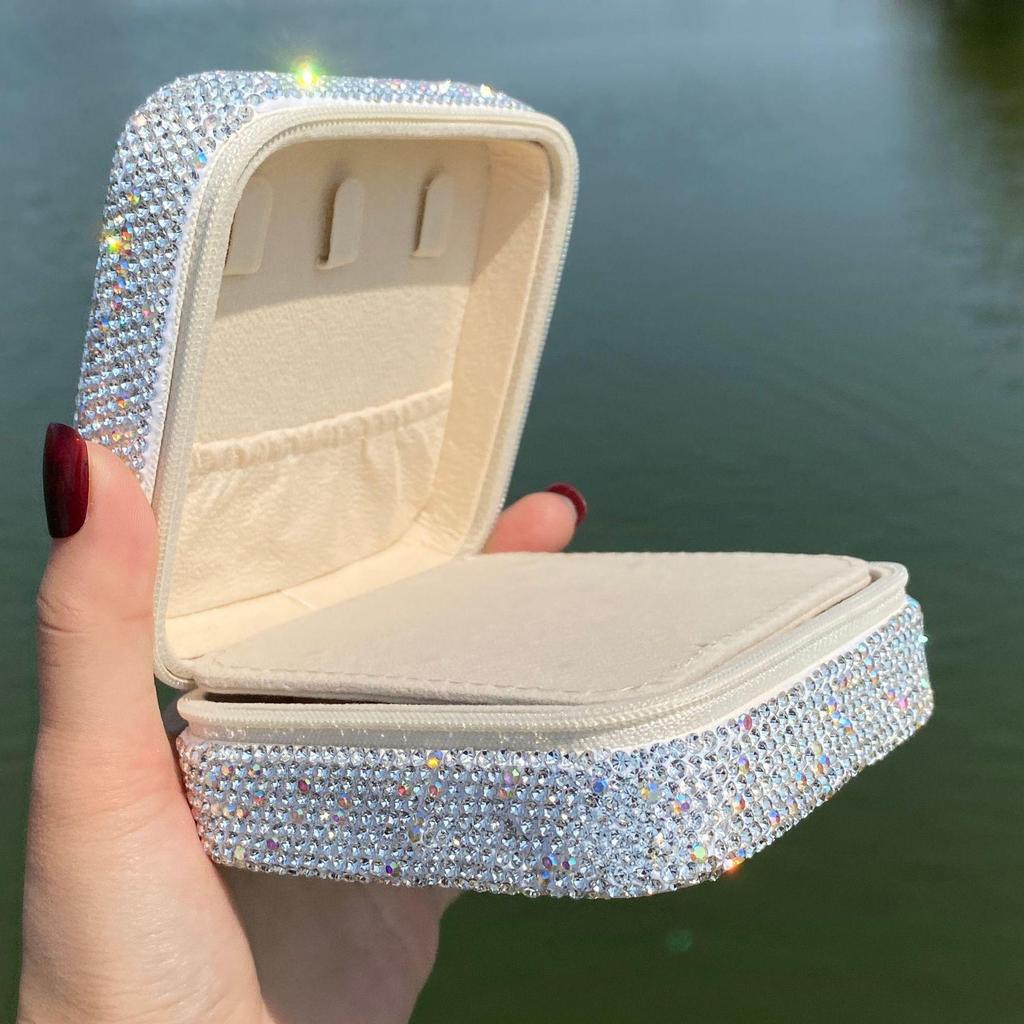 Diamond Jewelry Box with Mirror: Portable Storage for Rings, Earrings, and Necklaces