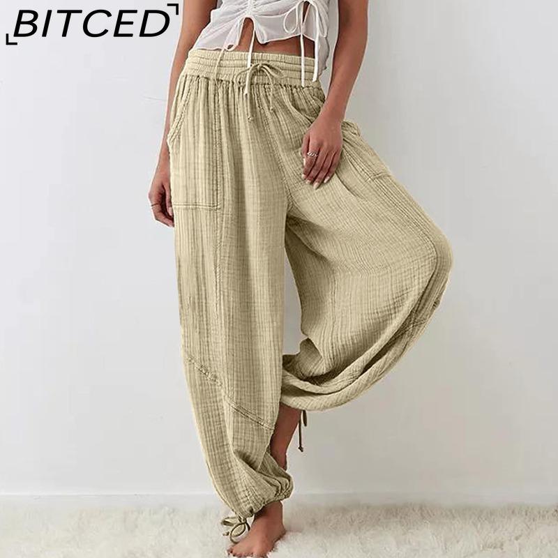 

BITCED 8 цветов, женские брюки с высокой эластичной талией, широкие свободные брюки, глубокий жилет, плиссированные карманы на щиколотках, однотонные мягкие женские повседневные брюки XXXL хаки