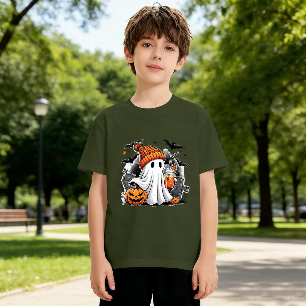 Kids' Halloween Printed Short Sleeve Neck T-Shirt, Loose Fit Top