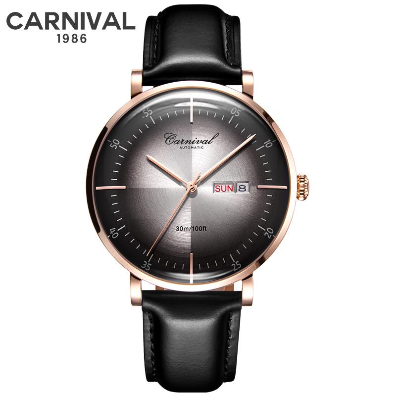 Carnival Marke 3D Gewölbtes Zifferblatt Luxus Automatikuhr für Mann Leder Wochentag Datum MIYOTA Mechanische Uhr Sport-Armbanduhr Männlich