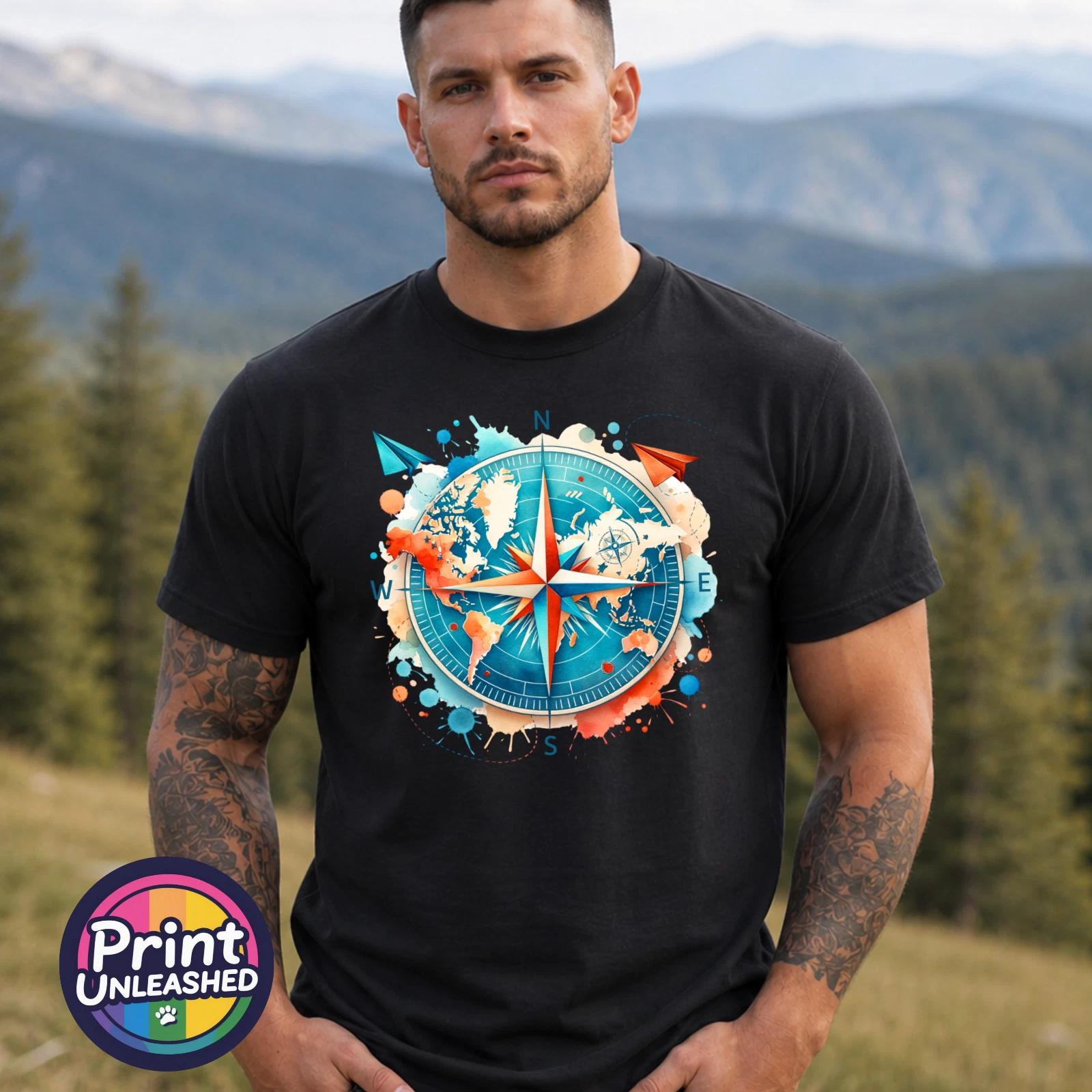 Compass World Map Graphic T-Shirt Adult Adventure Tee Unisex Travel Gift S-2XL M
