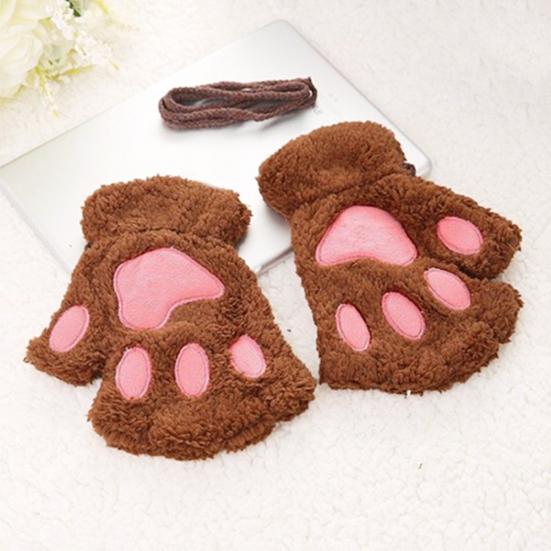 Winter Girl Cute Bear Cats Claw Cashmere Neck Hanging Half Finger Gloves Mittens