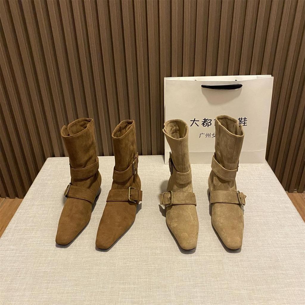 British Style Short Boots Women's Autumn and Winter 2025 New Fashionable Foreign Style Belt Buckle Retro Versatile Small Square Head Bare Boots