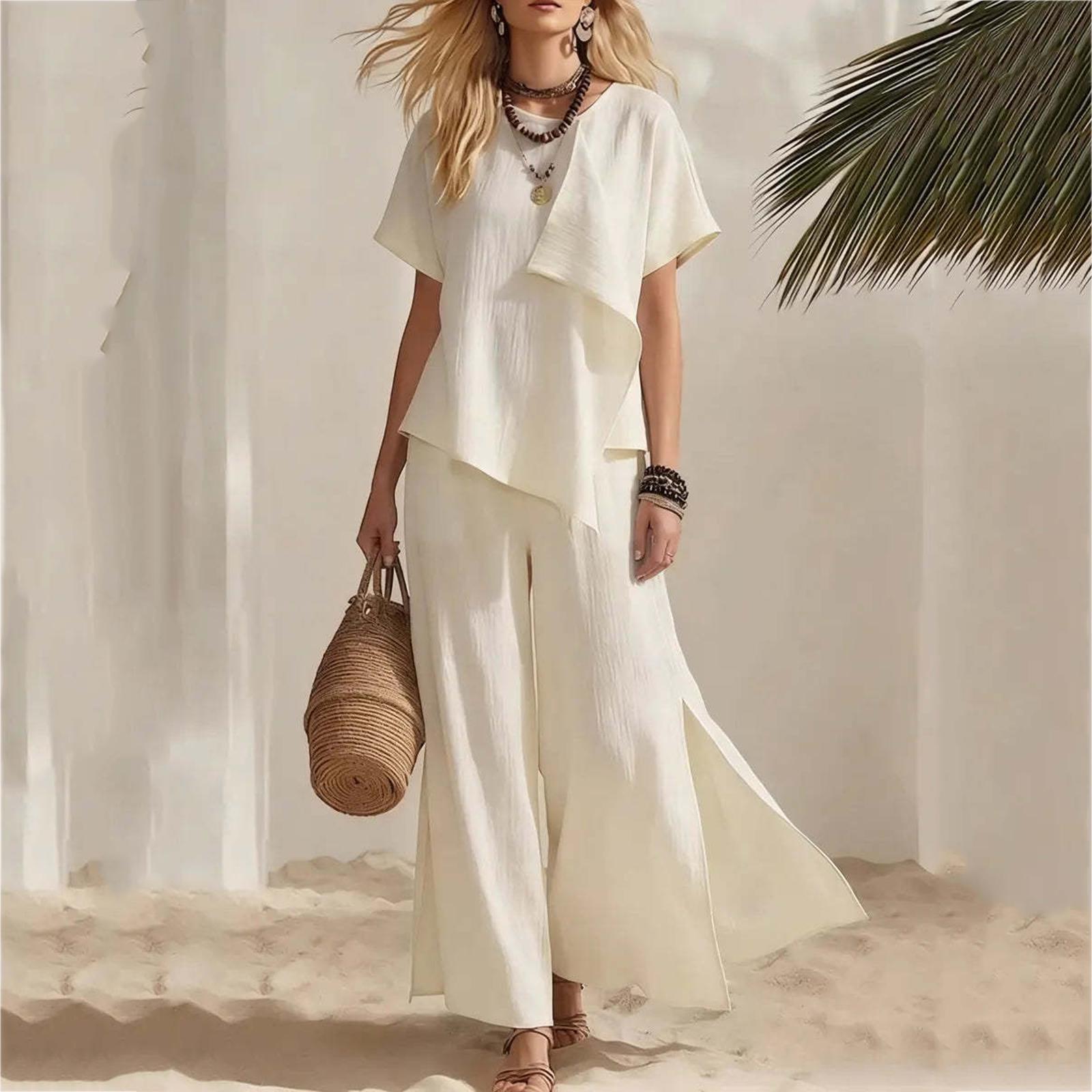 

Women s Summer Casual Two Piece Set Loose Short Sleeve Top with Wide Leg Pants Lightweight Comfortable Outfit for Daily Wear XL