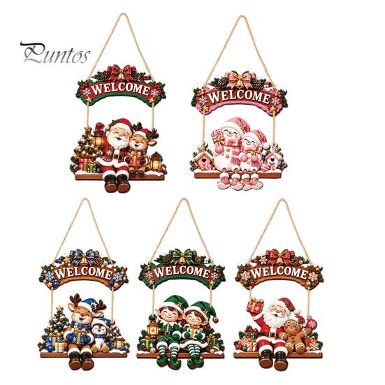 Cute Cartoon Christmas Ornament Wooden Welcome Sign, Front Door Hanging Rustic Holiday Vintage Style Sign Wall Decor with Elk/Santa Claus/Snowman/Elf