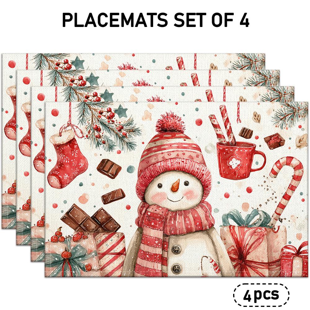 4/6pcs Christmas Themed Placemats, Featuring Snowman, Christmas Stocking, Candy Cane, Pine Sprigs, Gift Box, and Chocolate Patterns, Suitable for Holi