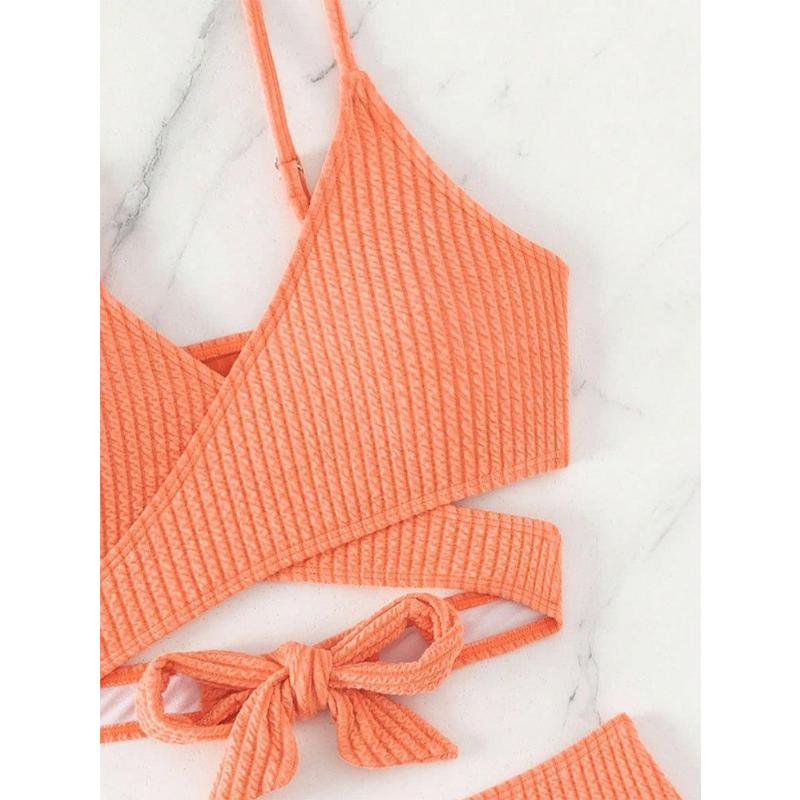 Women's 2 Piece Ribbed Bikini Set New Solid Color Wrap Cross Front Tie Back High Waisted Sexy Spaghetti Strap Summer Beach Swimwear