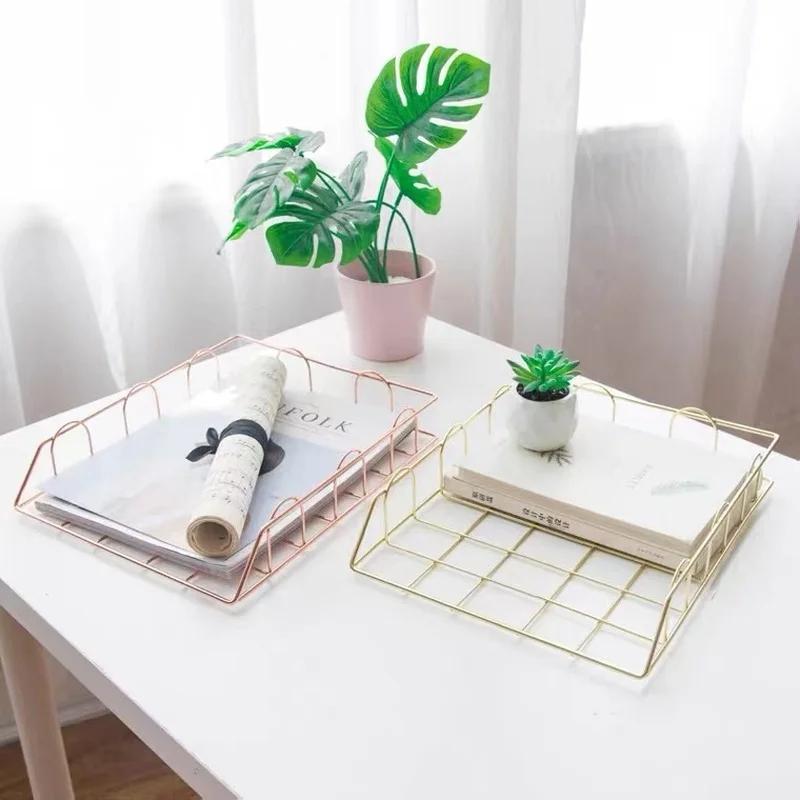 Rose Gold Metal Magazine Holder - Stackable Storage Basket for Office Desktop A4 Paper & Newspapers