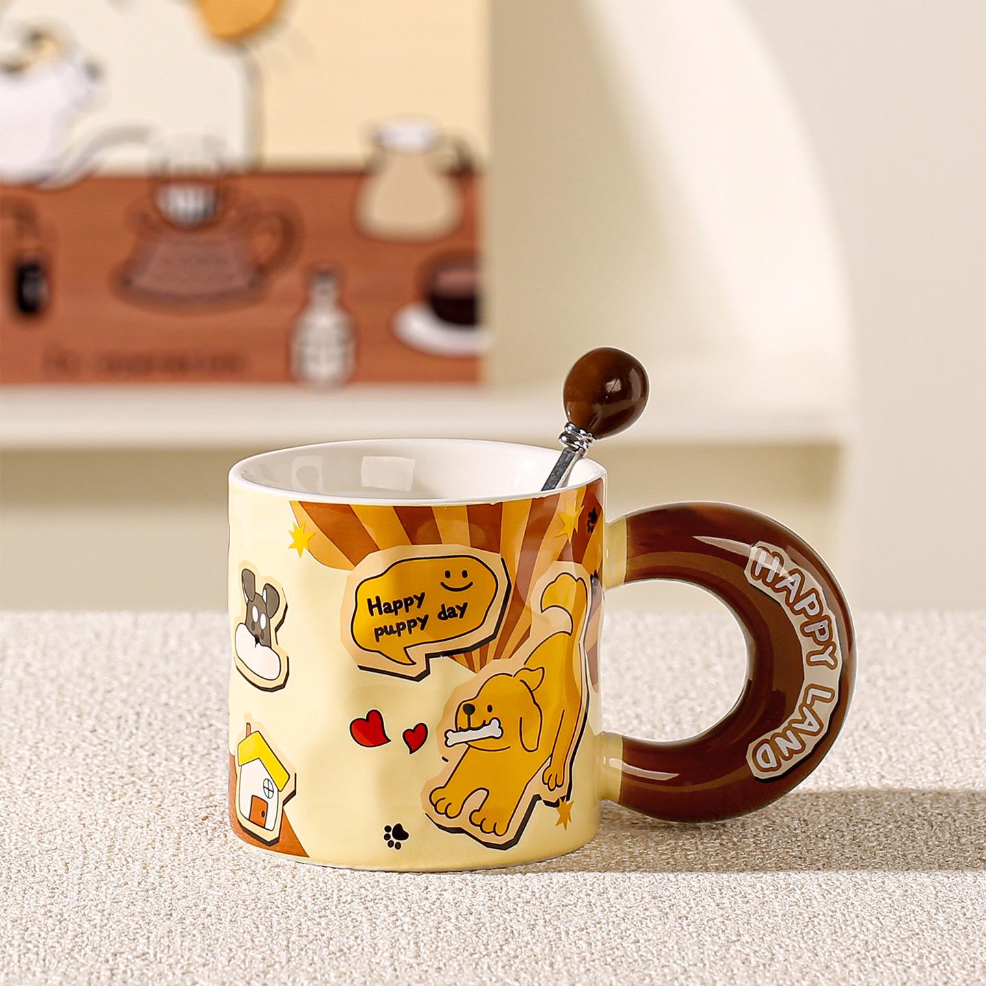 Puppy Design Mug with Lid & Spoon - Cute Girls  Office & Home Breakfast Cup 9.5 x 9.5 cm