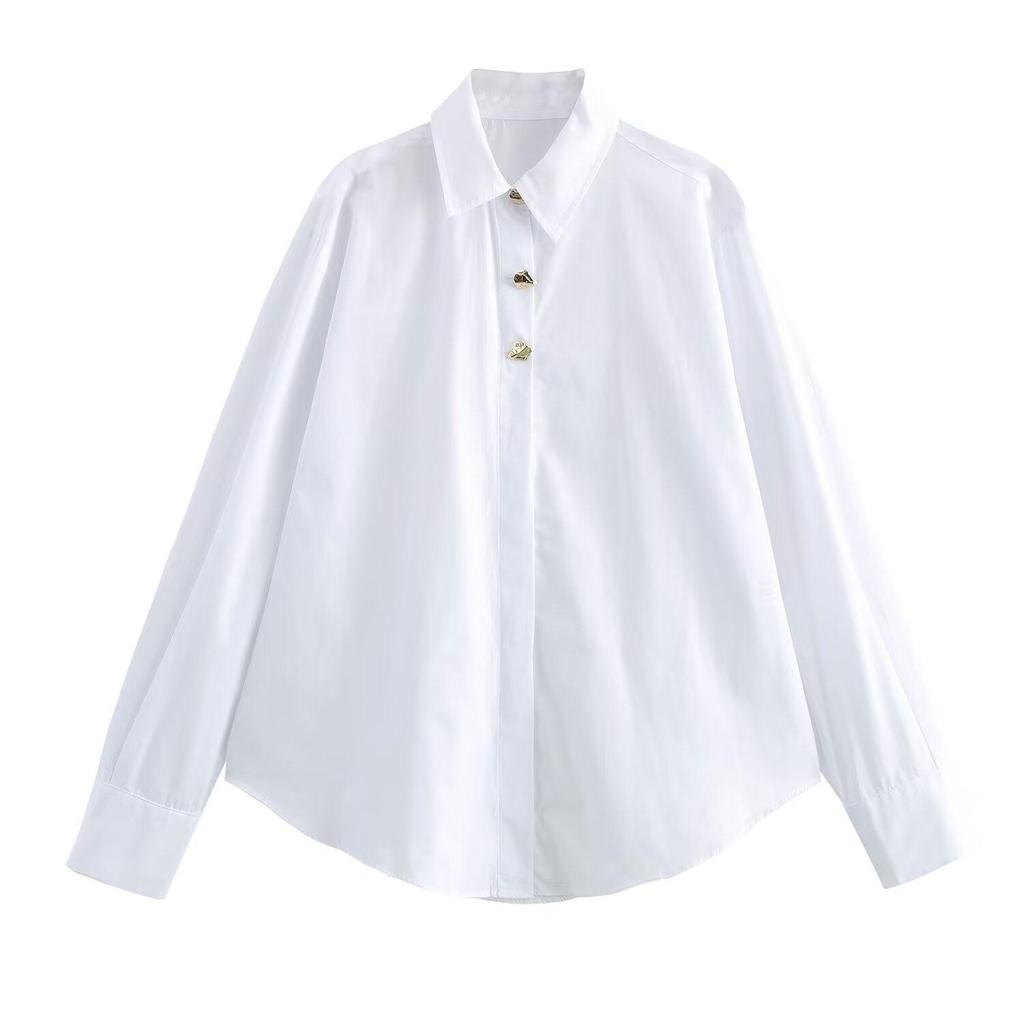 2025 Spring Women's Solid Color Simple Long-Sleeve Lapel Double-Breasted Poplin Shirt
