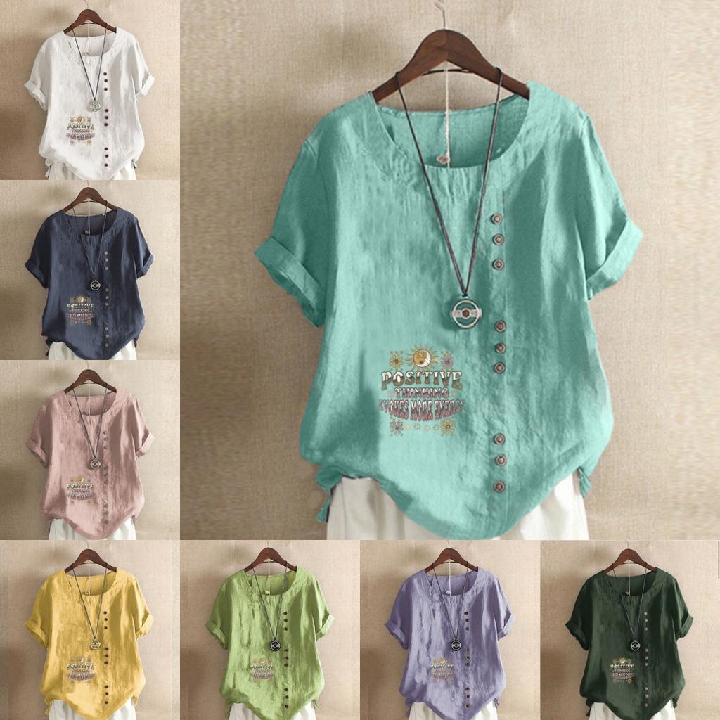 Women's Fashion Round Neck Short Sleeve T-shirt Casual Cotton Linen Graphic Shirt Leisure English Letter Prined Summer Blouse Tops