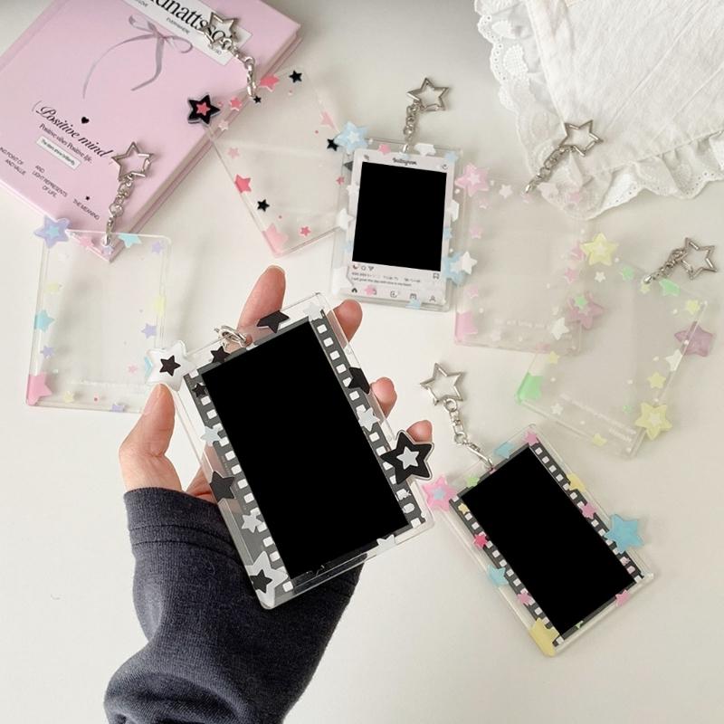 Star Print Photo Card Case with Keychain Clip 3Inch Photo Protectors Waterproof Acrylic Card Covers for Badges Photos