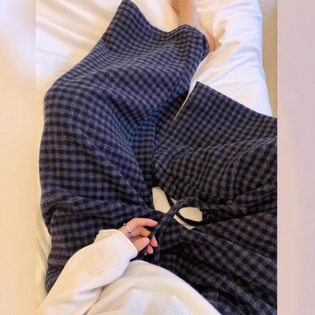 Plus Size Plaid Woolen Wide Leg Pants - Elastic Waist, Slimming, Hip Coverage, Women's Casual Straight Leg Long Pants
