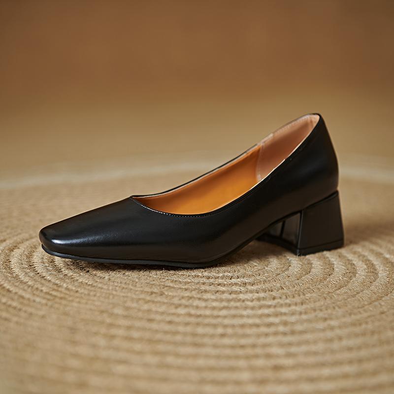 Women's High-heeled Single Shoes Simple and Versatile Thick Heel Large Size Square Head Shallow Mouth Low-top Shoes