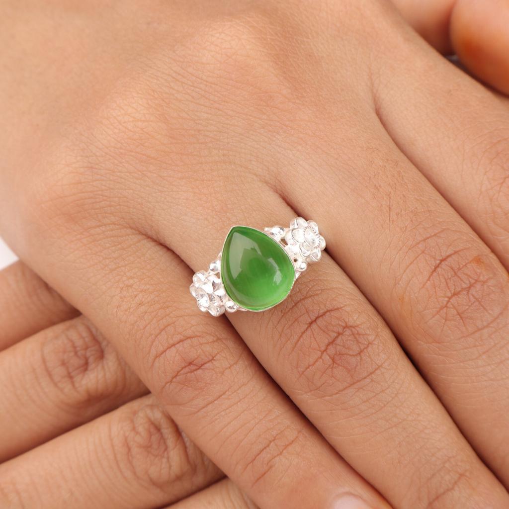 Green Cat's Eye Gemstone 925 Solid Silver Handmade Jewelry For Anniversary Gift RR-59-37