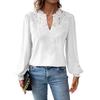 Women Short V-Neck Half Open Collar Lace Stitching Long-Sleeved Shirt Solid Color Loose Fit Pullover