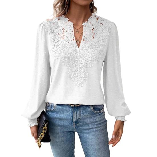 Women Short V-Neck Half Open Collar Lace Stitching Long-Sleeved Shirt Solid Color Loose Fit Pullover