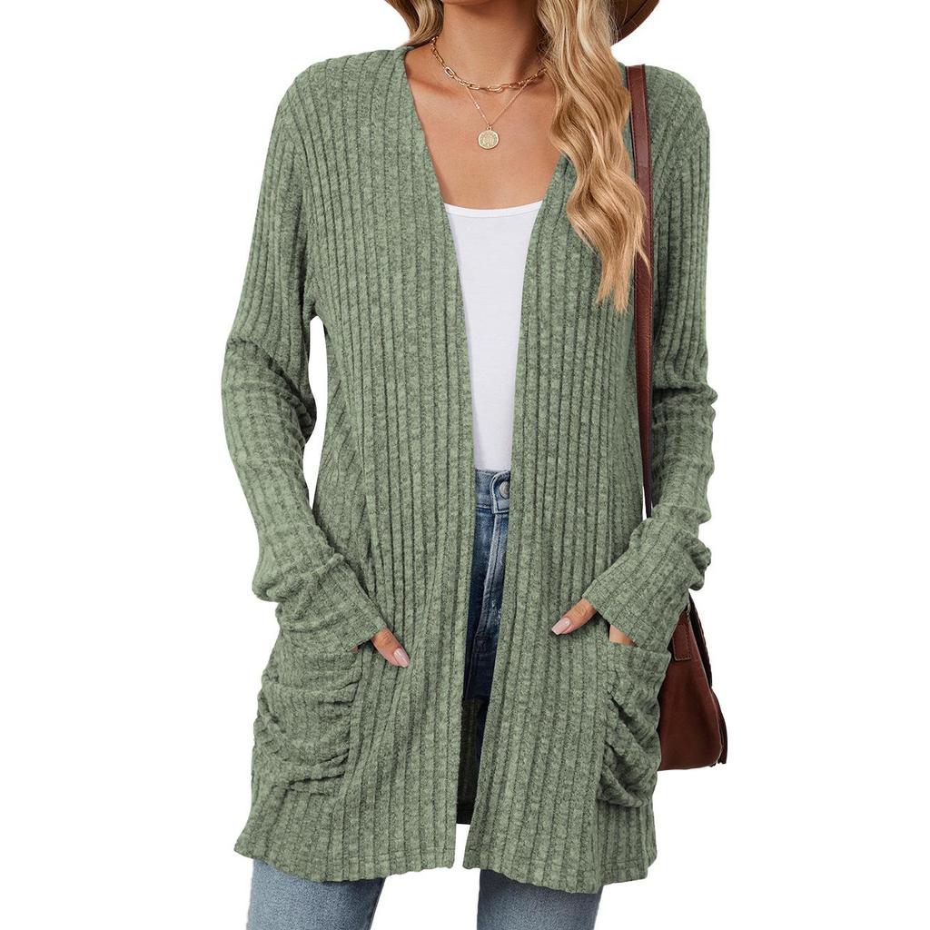 2024 Autumn/Winter Solid Color Long-Sleeve Pocket Cardigan Knitwear