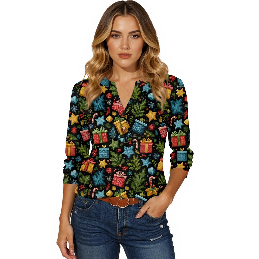 Women's T Shirt Print Button 3/4 Sleeve Daily Weekend Fashion Basic V- Neck Regular Top
