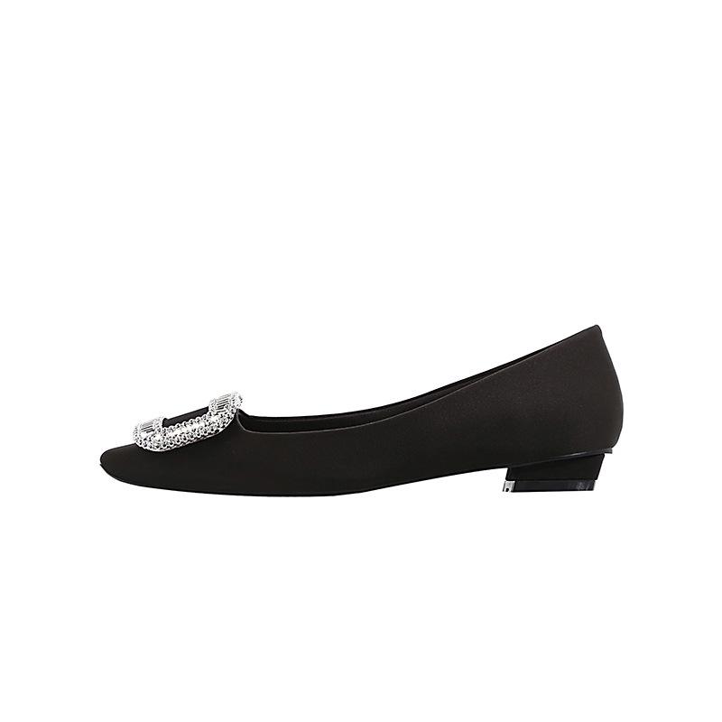 

Spring/Summer Black Rhinestone Chunky Medium Heel Square Toe Boat Shoes with Buckle Size 34