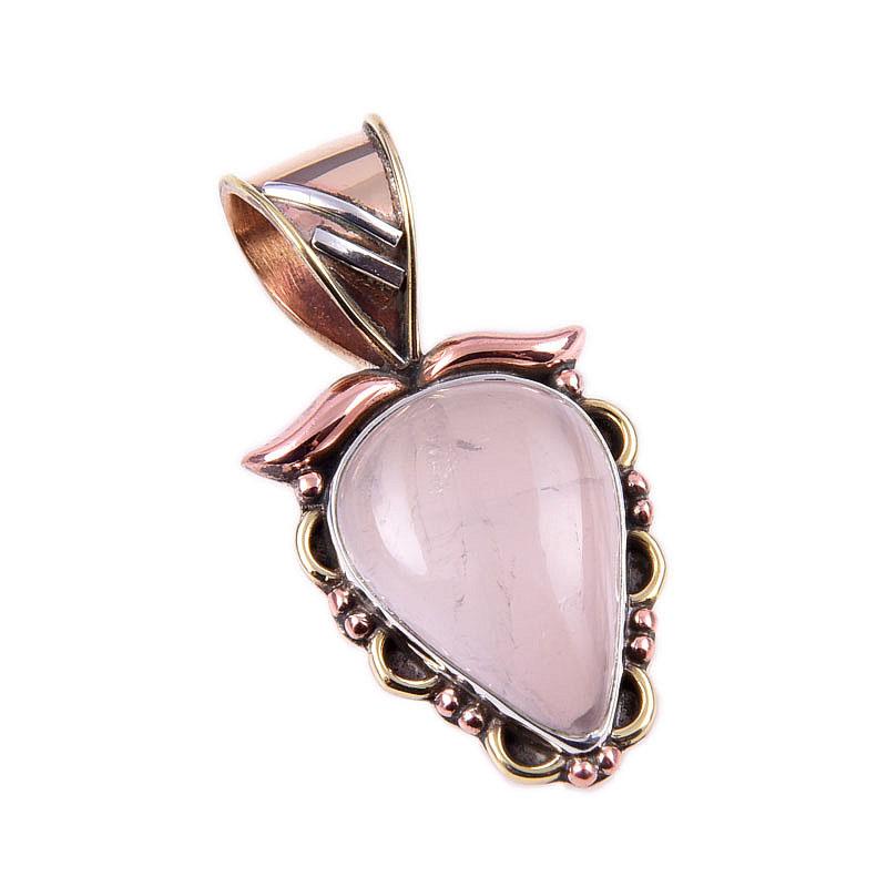 Natural Rose Quartz 925 Solid Sterling Silver Jewelry TwoTone Pendant 1.25" H6O65