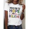 Women's Russian Hope Cyrillic "Hold On To Hope" Print T-Shirt White Casual Short Sleeve Russian-Themed Top
