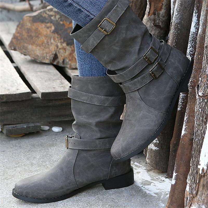Medium boots, European and American short boots, retro Martin boots, belt buckle solid color low heel large size fashion boots