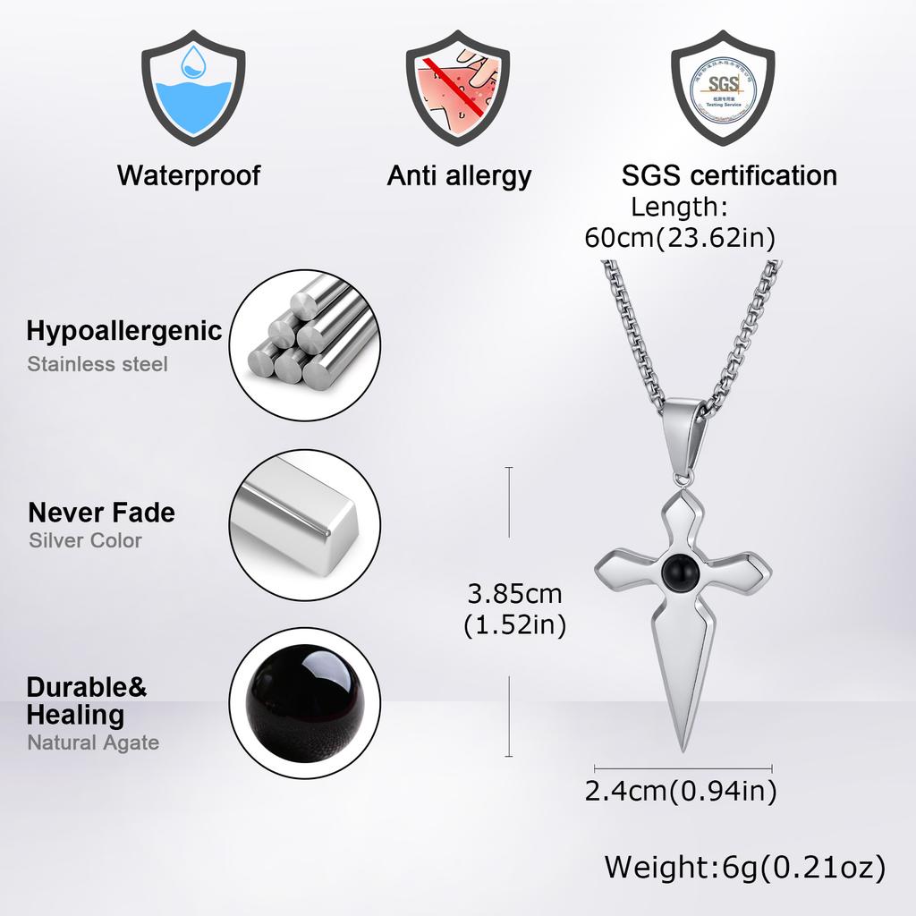 Vnox Cross Pendant Necklace for Men Boys, Gold Silver Color Stainless Steel Black Onyx Inlay Box Chain Punk Hip Hop Jewelry Gift