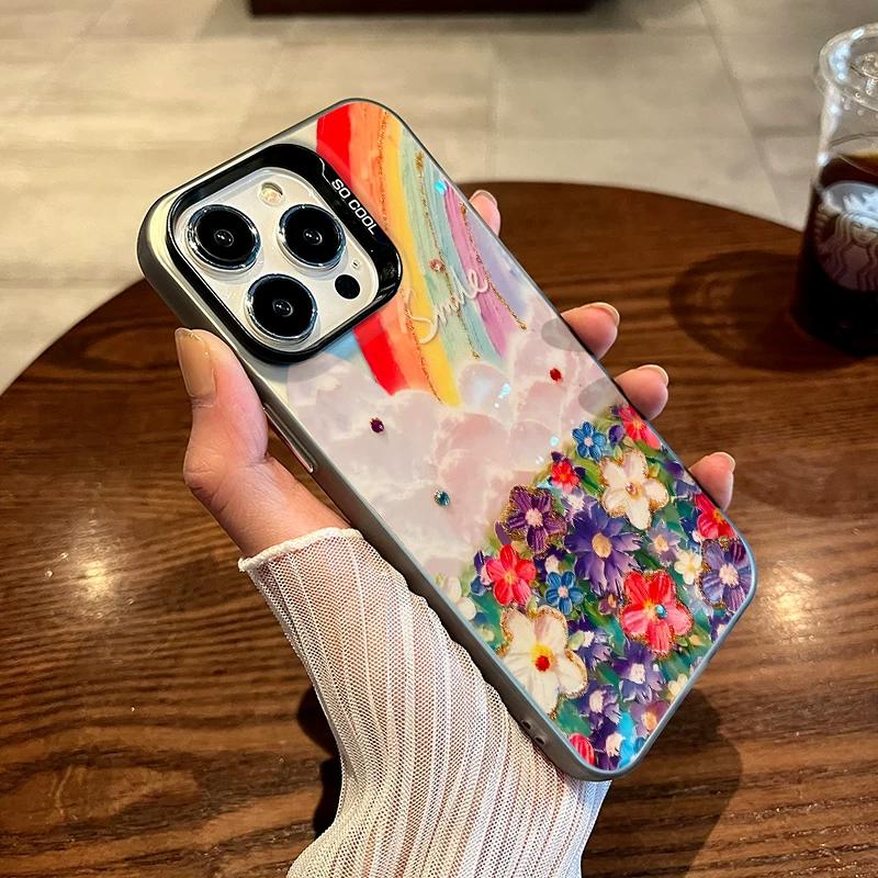 Rainbow Floral Oil Painting Clear TPU Phone Case For IPhone 15 14 13 12 11 Pro Max X XR XS 8 7 Plus, Shockproof Protective Cover