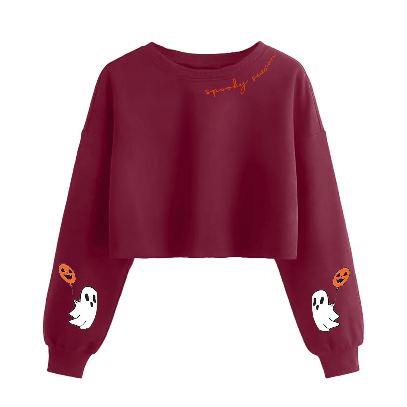 

Женский модный пуловер с длинными рукавами и жутким принтом на Хэллоуин, открывающий живот M винный