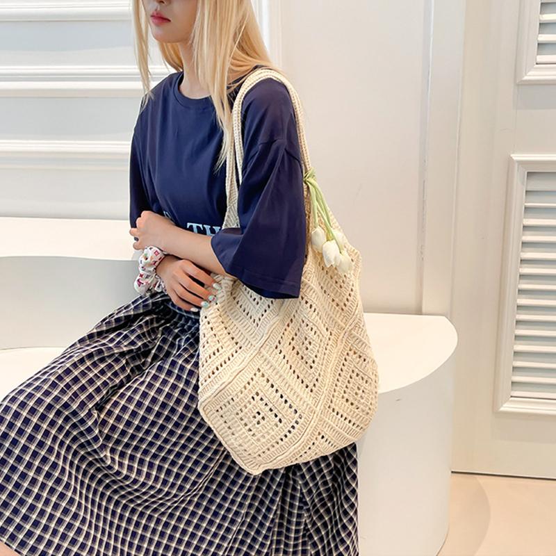 New Trend Women's Bag Crochet Handbag Retro Knitted Solid Color Hollow Top-handle Tote Bag Travel Shopper Shoulder Bag CLE